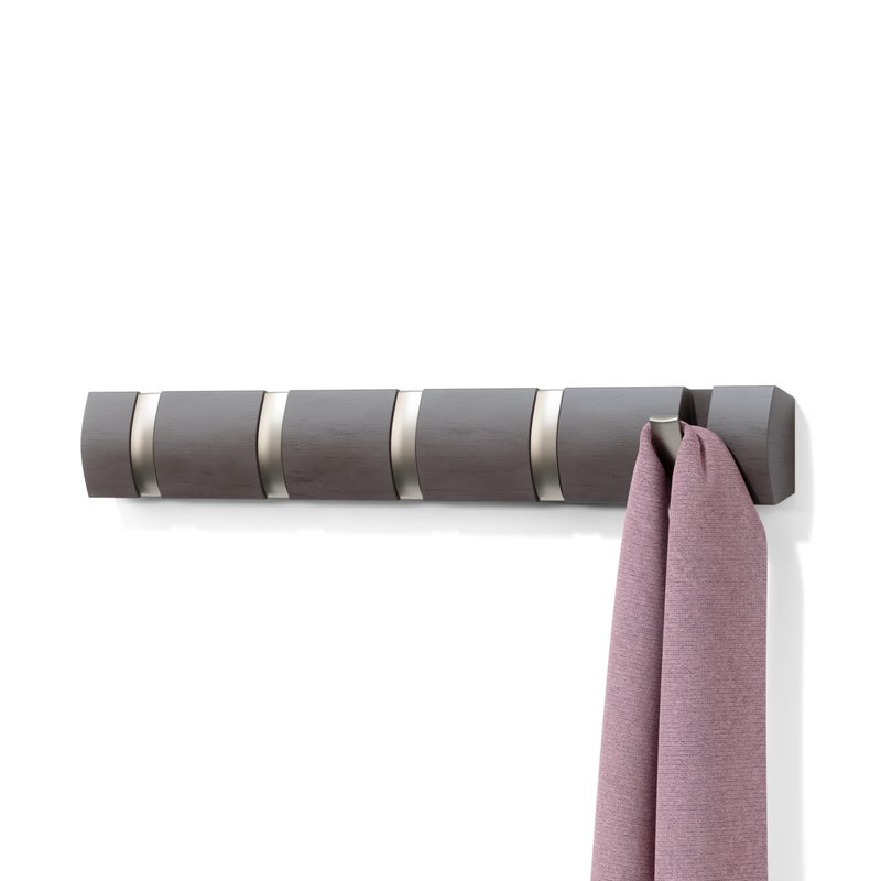 Umbra Flip Wall-Mounted Coat Rack with 5 Hooks â€“ Modern, Space-Saving Storage for Hats, Jackets, Bags, Entryway, Mudroom, Closet, Bathroom, Bedroom â€“ Driftwood/Nickel - Image 1
